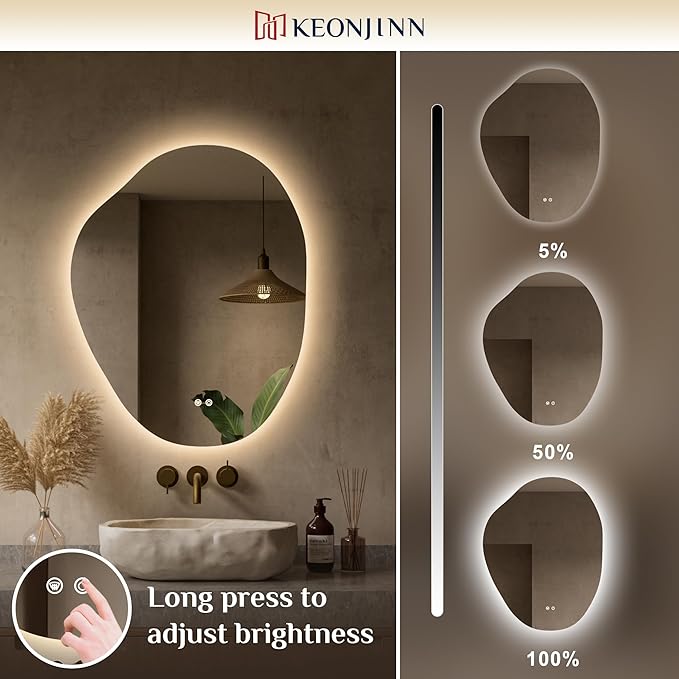 Keonjinn Irregular Backlit Mirror 24 x 30 Inch, Asymmetrical LED Bathroom Mirror with HD Tempered Glass, UL-Listed LED Driver, Stepless Dimmable with 3 Colors, Safe Defogging(Horizontal/Vertical)