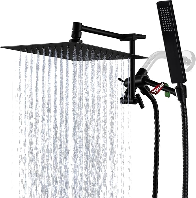 All Metal Rain Shower Head with Handheld Combo, YDmeet 10 Inch Rainfall Shower Head, Stainless Steel Hand Wand, 3 Setting Diverter, Adjustable Extension Arm w/Lock Joints, 71" Extra Long Hose, Black