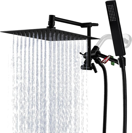 All Metal Rain Shower Head with Handheld Combo, YDmeet 10 Inch Rainfall Shower Head, Stainless Steel Hand Wand, 3 Setting Diverter, Adjustable Extension Arm w/Lock Joints, 71" Extra Long Hose, Black