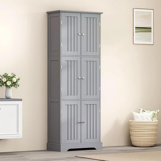 ChooChoo Tall Bathroom Storage Cabinet with 6 Doors, Freestanding Floor Cabinet with Adjustable Shelves, Grey Pantry Cabinet for Bathroom, Kitchen, Laundry Room