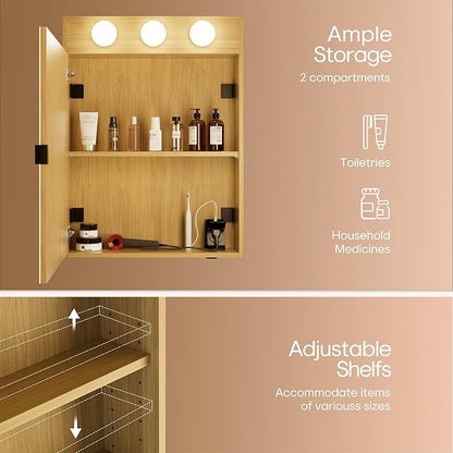 28x20 LED Lighted Bathroom Medicine Mirror Cabinet with Sockets & USBs, Dimmable Light and Color Adjustment, LED Bulbs, Easy to Install