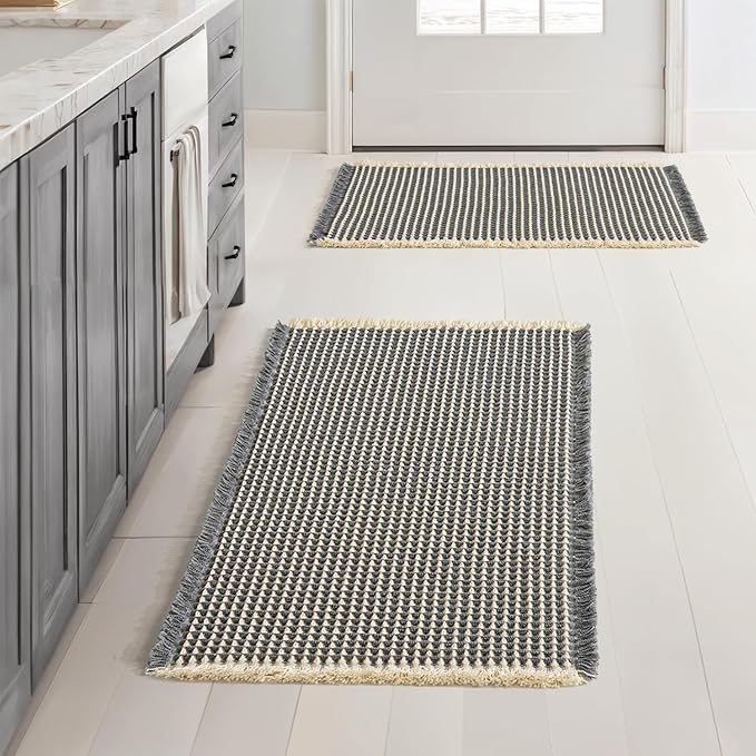 MIULEE Set of 2 Waffle Bathroom Rugs Dark Grey&Yellow Bath Mat 17x24 Inch | Non Slip, Super Absorbent, Washable, Ultra Soft, Rubber Backed, Small Boho Bath Rugs for Bathroom Floor Tub Shower