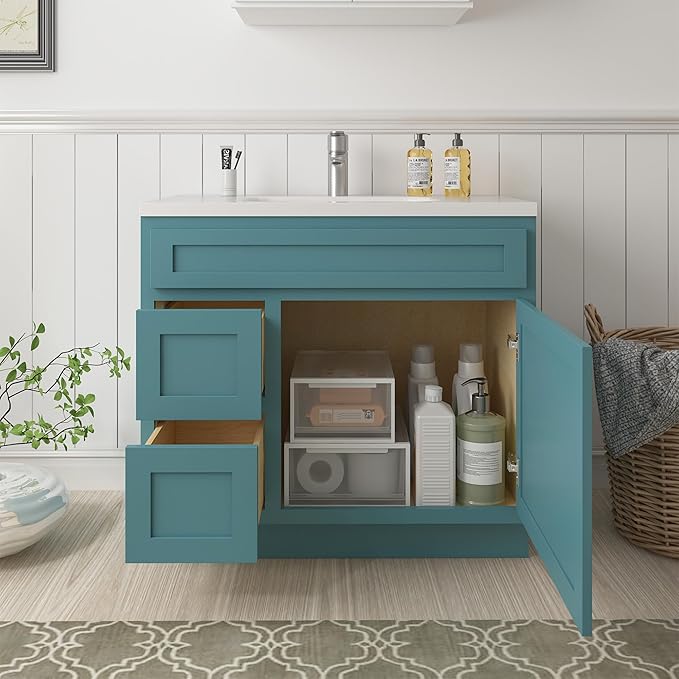 Vanity Art 36 Inch Single Bathroom Vanity Base Cabinet with 2 Functioning Shaker Drawers, Strudy Floor Mount Green Storage Cabinet Organizer for Bedroom, Living Room VA4036-2RGN