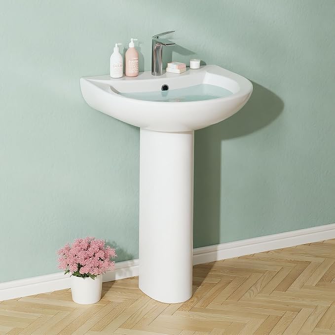 20" W X 17" D Bathroom Pedestal Sink,White Ceramic Vanity Sink with Overflow and Single Hole Faucet Pre-Drilled,Freestanding Restroom Sink Combo for Small Spaces