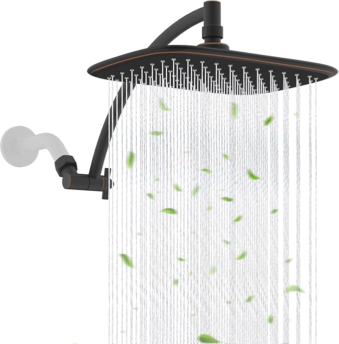 Rain Shower Head with 12" Metal Extension Arm, 10" High-Pressure Showerhead | Oil Rubbed Bronze, Boosting Rainfall/Fixed Showerhead, Shower Head Extender Adjustable Height/Angle, 1-Min Easy to Install