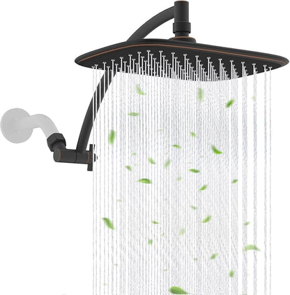 Rain Shower Head with 12" Metal Extension Arm, 10" High-Pressure Showerhead | Oil Rubbed Bronze, Boosting Rainfall/Fixed Showerhead, Shower Head Extender Adjustable Height/Angle, 1-Min Easy to Install