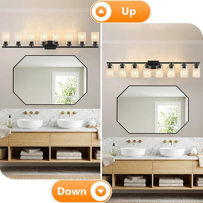 51” Bathroom Light Fixtures Over Mirror,8-Light Black Vanity Light | Large Size, Square Clear Glass & Durable Metal, Quick & Easy Installation, Standard E26 Socket, Bright Bathroom Lighting