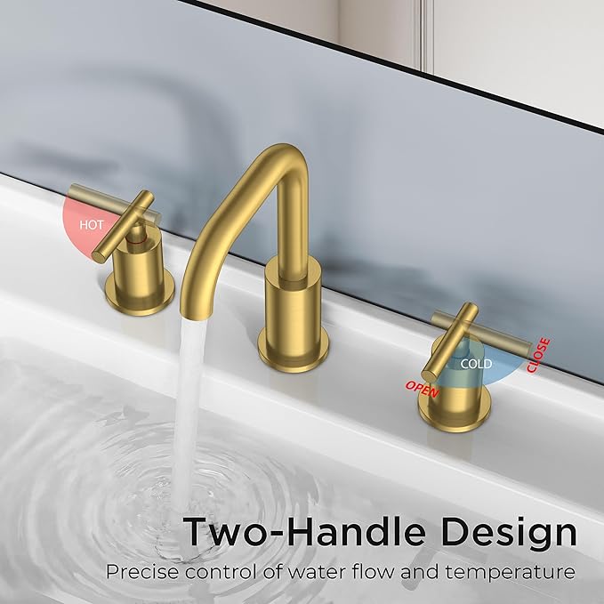 FORIOUS Bathroom Faucet 3 Hole Brushed Gold, 2 Handles 8 Inch Widespread Bathroom Sink Faucets, 360° Swivel Spout, with Pop Up Drain and Hoses, for Vanity Restroom RV Lavatory