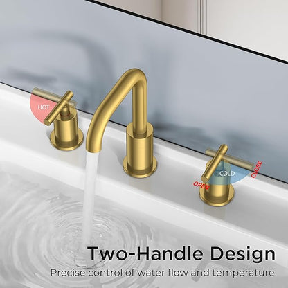 FORIOUS Bathroom Faucet 3 Hole Brushed Gold, 2 Handles 8 Inch Widespread Bathroom Sink Faucets, 360° Swivel Spout, with Pop Up Drain and Hoses, for Vanity Restroom RV Lavatory