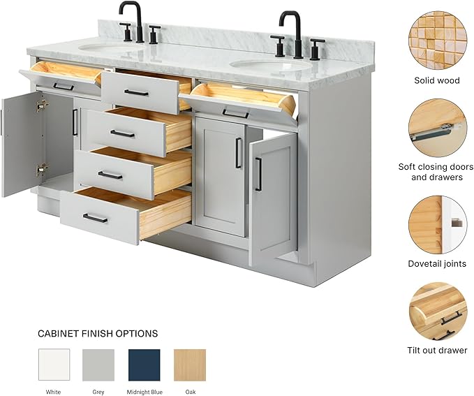 ARIEL Hepburn 72-inch Bathroom Vanity with Sink,Solid Wood, 1.5-inch Italian Carrara Marble Countertop & Backsplash, Double Oval Porcelain Sink, 4 Soft Closing Doors, 6 Dovetail Drawers, Grey