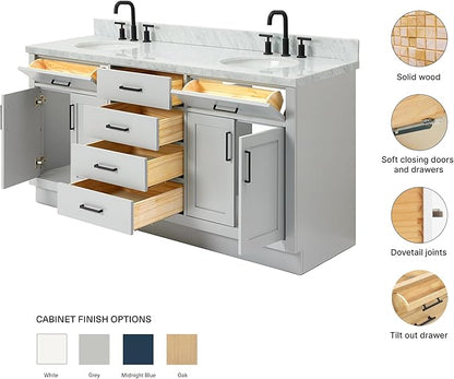 ARIEL Hepburn 72-inch Bathroom Vanity with Sink,Solid Wood, 1.5-inch Italian Carrara Marble Countertop & Backsplash, Double Oval Porcelain Sink, 4 Soft Closing Doors, 6 Dovetail Drawers, Grey