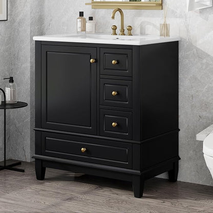 Bathroom Vanity with Ceramic Sink 30 Inch, Cabinet with One Door and Three Drawers, Soft-Closing Door, Solid Wood Legs, Black