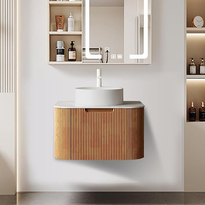 LKTART 24 Inch Floating Bathroom Vanity with Sink, Modern Wall Mounted Bathroom Storage Cabinet with Drawer, Round White Ceramic Sink Top and Marble Texture Top, Natural Wood
