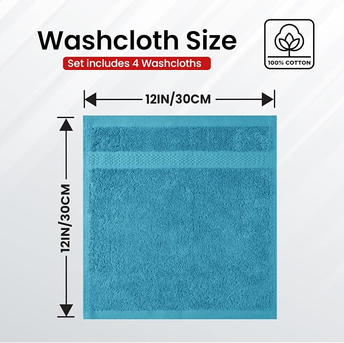 Infinitee Xclusives 100% Cotton Luxury Wash Cloths for Showering - 4 Pack | Washcloths [13x13] - Soft and Absorbent Face Towels for Bathroom Wash Clothes - Gym, Spa & Hotel Use