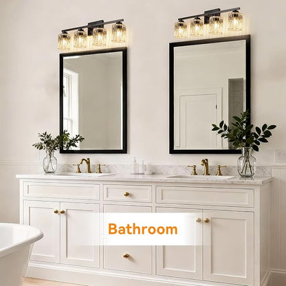 TALOYA Black 4-Light Bathroom Vanity Light with Fluted Cylinder Glass Shade | Modern Vanity Lighting Fixtures, Bathroom Lights Over Mirror, Wall Mount Mirror Light Fixtures for Bathroom Hallway Bedroom