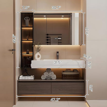 Bathroom Vanity, Floating Bathroom Sink Vanity, Modern Bathroom Vanities with Smart Defogging LED Mirror & Glass Side Cabinet, Wall Mounted Vanities for Restroom, Solid Wood (48in)