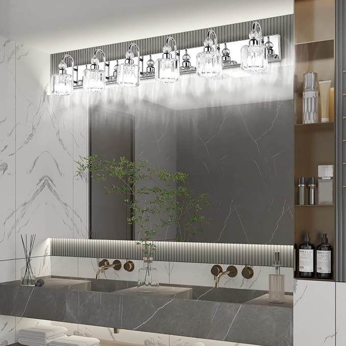 Ralbay 6-Lights Stainless Steel Crystal Bathroom Vanity Lights Over Long Mirror Modern Crystal Vanity Lighting Fixtures for Bathroom