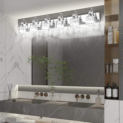 Ralbay 6-Lights Stainless Steel Crystal Bathroom Vanity Lights Over Long Mirror Modern Crystal Vanity Lighting Fixtures for Bathroom