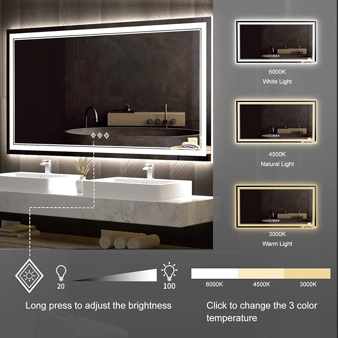 LED Bathroom Mirror, 60x32 Inch Gradient Front and Backlit Bathroom Mirror, 3 Colors Dimmable CRI>90 Double Lights, IP54 Enhanced Anti-Fog, Hanging Plates Wall Mount Lighted Mirror