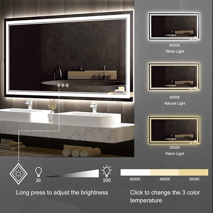 LED Bathroom Mirror, 60x32 Inch Gradient Front and Backlit Bathroom Mirror, 3 Colors Dimmable CRI>90 Double Lights, IP54 Enhanced Anti-Fog, Hanging Plates Wall Mount Lighted Mirror