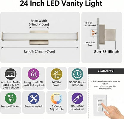 URSOLA 24" Modern LED Bathroom Light Fixtures, Brushed Nickel 3CCT Dimmable Bathroom Vanity Light Over Mirror, Bathroom Vanity Bath Bar Lights with Double Layer Acrylic Shade