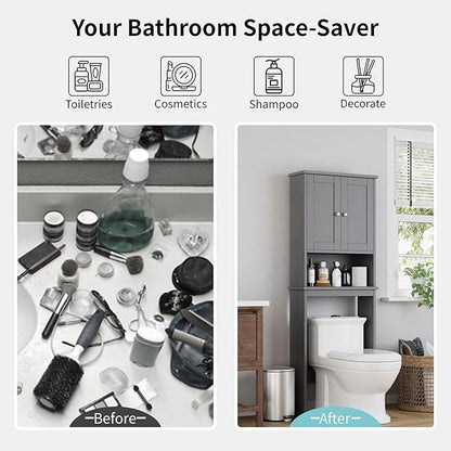 Shintenchi Over The Toilet Storage Cabinet, Bathroom Shelf Organizer with Anti-Tip Device Small Freestanding Space Saver with Adjustable Shelf, Gray