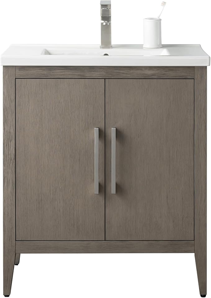 Vanity Art 30 inch Bathroom Vanity with Single Sink & Ceramic Top, Vanity Cabinet with Soft-Closing Doors, Solid Wood Frame, Driftwood Gray, VA9030-DG-BN1