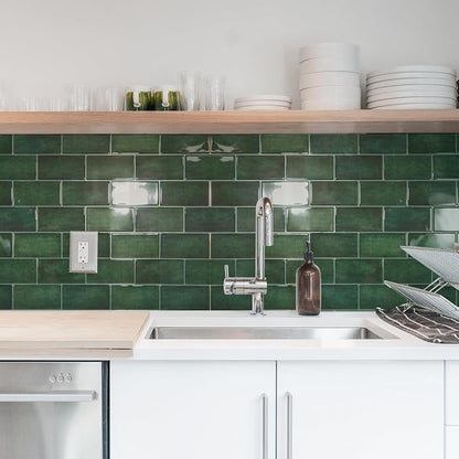 Art3d Faux Ceramic Tile Peel and Stick Backsplash, 10-Pack, Dark Green | 12.6 x 10.6 in, Thickened Design, Heavy-Duty, Strong Adhesive, for Kitchen, Bedroom, Countertop Decor, Ideal for Home Upgrade