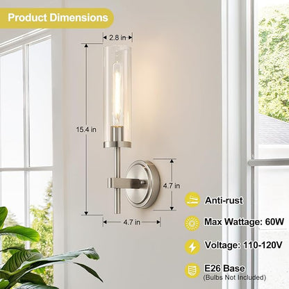 MOKATNG Wall Sconces Set of Two, Brushed Nickel Bathroom Sconces with Clear Glass, Hardwired Sconces Wall Decor Set of 2, Modern Wall Light Fixtures for Bathroom Mirror Living Room Bedroom Hallway