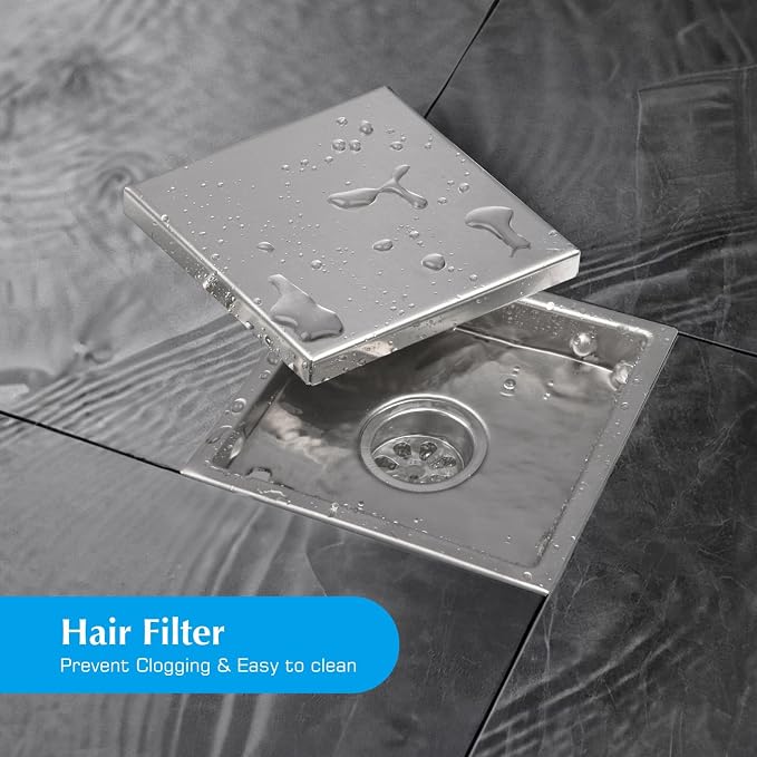 Square Shower Drain Silver 6 inch with 2 in 1 Tile-Insert Cover | AISI 304 Stainless Steel Brushed Shower Floor Drain with Removable Hair Catcher and Flange Fits Bathroom Balcony Kitchen