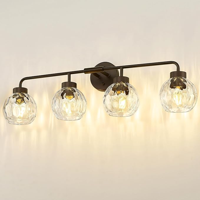 zeyu 4-Light Bathroom Vanity Light, 32 Inch Vintage Vanity Lighting Fixtures, Bathroom Lighting Fixtures with Water Ripple Globe Glass, ZS62BG-4W ORB-WG