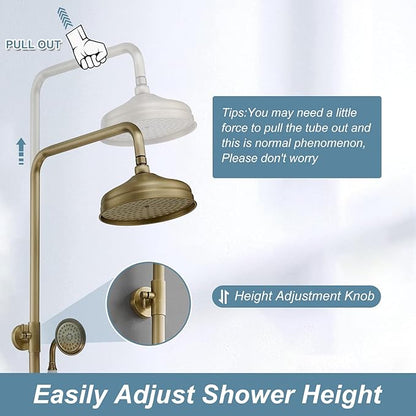 BWE Exposed Bathroom Shower Faucet Set Antique Brass Bathroom Shower Faucet Triple Functions 8 Inch Rainfall Shower Head Handheld Spray with Tub Spout Exposed Shower System Double Handle