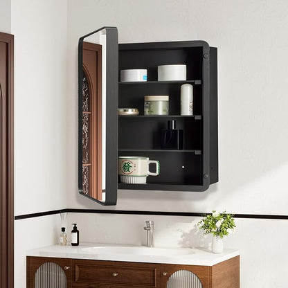 24’’x24’’ Medicine Cabinet,Metal Framed Medicine Cabinet Mirror with Round Corner,Recessed and Surface Mount Bathroom Mirror with Storage, Removeable Shelves,Dark Gray Frame