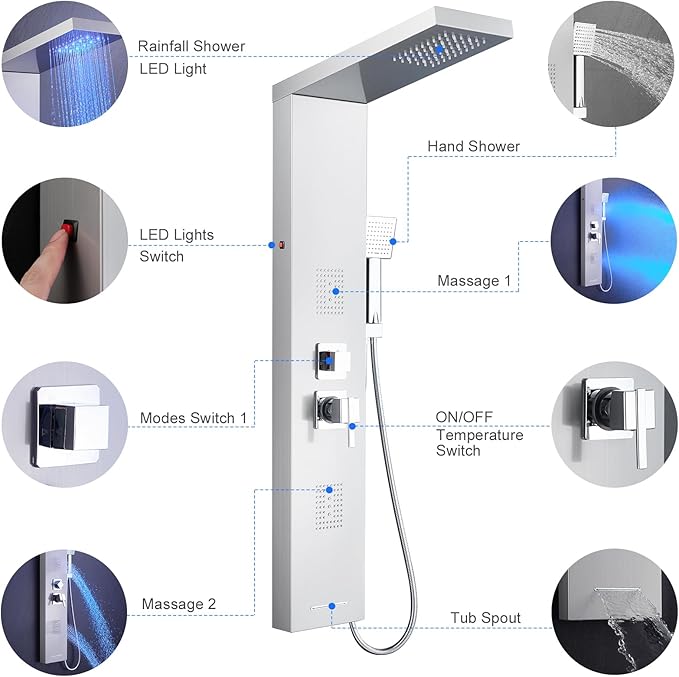 MENATT Shower Tower Panel System with LED Lights, Stainless Steels Shower Tower System with Rainfall Shower Head, 2-in-1 Body Jets,Handheld Showerhead,Bathtub Filler (Brushed Nickel)