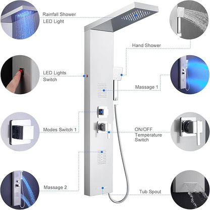 MENATT Shower Tower Panel System with LED Lights, Stainless Steels Shower Tower System with Rainfall Shower Head, 2-in-1 Body Jets,Handheld Showerhead,Bathtub Filler (Brushed Nickel)