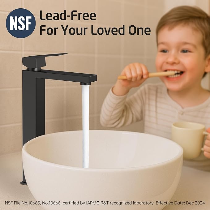 KES Bathroom Faucet Black Vessel Sink Faucet cUPC Certified, Single Hole Tall Bathroom Faucet Stainless Steel, L3156BLFF12-BK