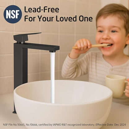 KES Bathroom Faucet Black Vessel Sink Faucet cUPC Certified, Single Hole Tall Bathroom Faucet Stainless Steel, L3156BLFF12-BK