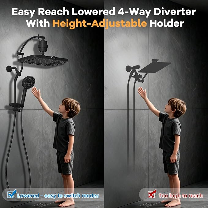 Hibbent 13" Filtered Shower Head & Filtered 10-Mode Handheld Combo, Black | High Pressure 5-Spray Showerhead, 4-way Diverter, Heightened All Metal Extension Arm, 3 Filter Cartridges, Easy Reach