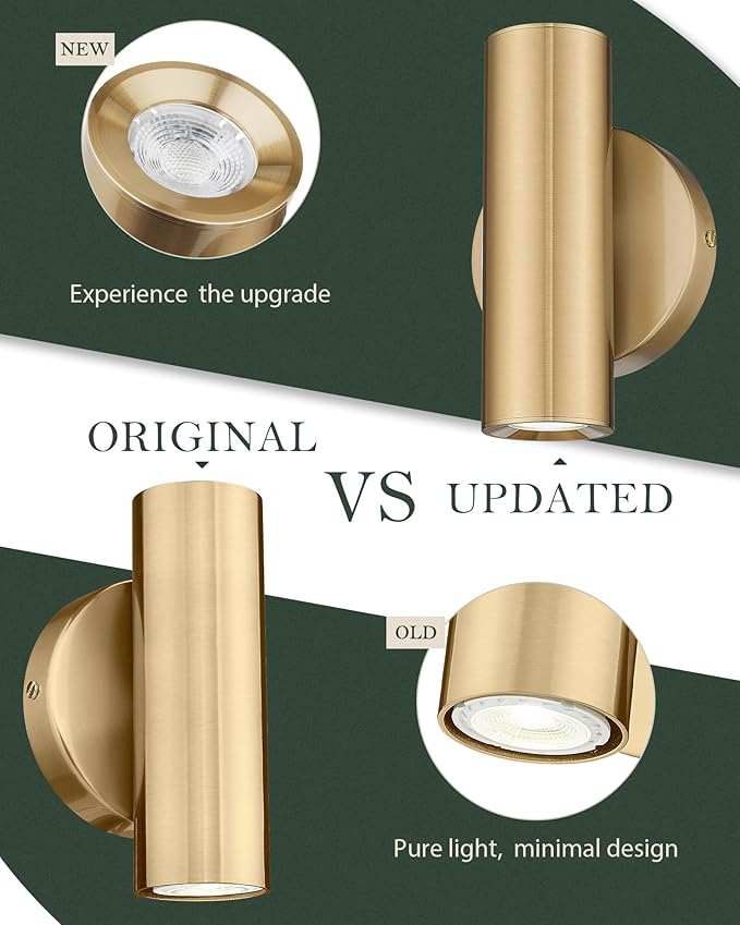 2-Light Wall Light, Brass Gold Wall Sconce, Indoor Up and Down Wall Lamp with Cover for Bedroom Bathroom Stair Entryway, Update WL4830-2W-BB-B