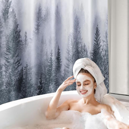 ORTIGIA Grey Shower Curtain for Bathroom, Misty Forest Shower Curtain Set with Rustproof Hooks, Decorative Pine Tree Fog Magic Bath Curtain for Home, Waterproof Fabric, Weighted, 72x72