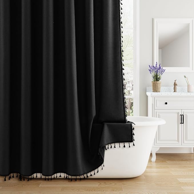 Extra Long Black Boho Linen Shower Curtain 84 Inches Textured Heavy Duty Fancy Tassel Farmhouse Fabric Bath Curtain Set with Hooks Neutral Modern Luxury Shower Curtains for Bathroom 72x84