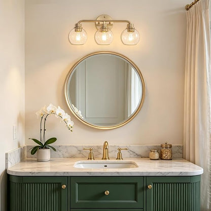 Bathroom Light Fixtures Gold Vanity Light 3 Light Brushed Brass | Wall Sconces Lighting with Seeded Globe Glass Shades Bath Wall Lamp for Mirror Kitchen Living Room Bedroom Hallway