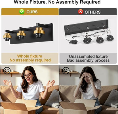 Vanity Lights for Bathroom, 3-Light Black and Gold Bathroom Vanity Light Over Mirror with Milky White Glass Shades, Modern Bathroom Light Fixtures for Living Room Hallway Cabinet (Bulbs Not Included)