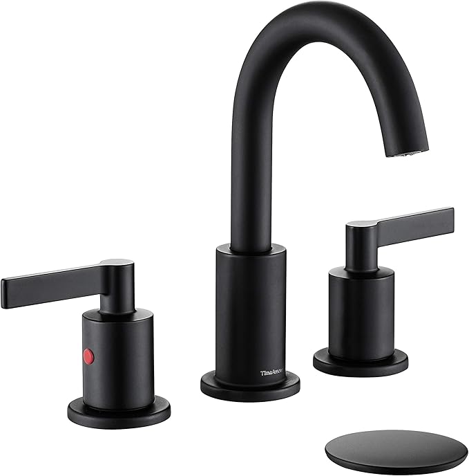 Matte Black 2 Handle 8 Inch Widespread Bathroom Sink Faucet with Pop-Up Drain, High Arc Modern Bathroom Vanity Lavatory Faucet 3 Holes with Brass 360° Swivel Spout, TAF830C-MB