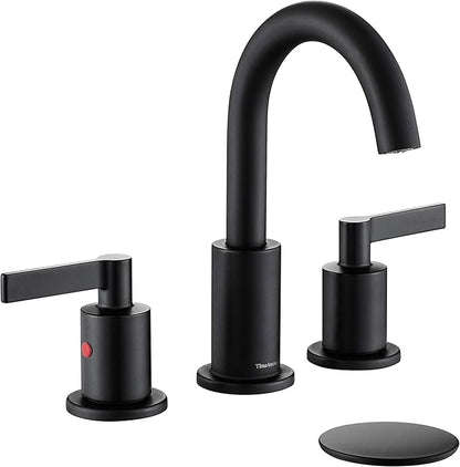 Matte Black 2 Handle 8 Inch Widespread Bathroom Sink Faucet with Pop-Up Drain, High Arc Modern Bathroom Vanity Lavatory Faucet 3 Holes with Brass 360° Swivel Spout, TAF830C-MB