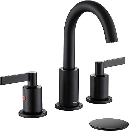 Matte Black 2 Handle 8 Inch Widespread Bathroom Sink Faucet with Pop-Up Drain, High Arc Modern Bathroom Vanity Lavatory Faucet 3 Holes with Brass 360° Swivel Spout, TAF830C-MB