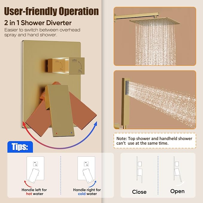 Gabrylly Rain Shower Head with Handheld Spray Combo, 12", Brushed Gold | All Metal Shower System, High Pressure Rainfall Shower Faucet Set, Solid Brass Shower Valve Complete Shower Set for Bathroom