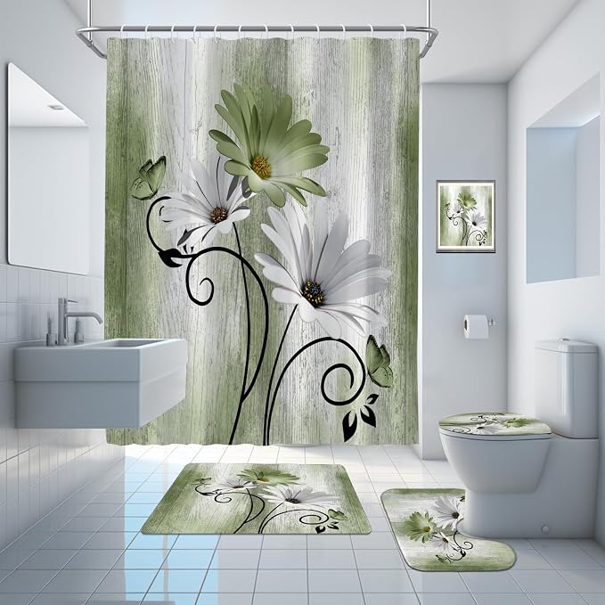 Onalasyc 4PCS Grass Green Daisy Bathroom Sets with Shower Curtain and Rugs | Country Floral Butterfly Shower Curtain Set,Modern Bathroom Decor Shower Curtains Set with Rugs Toilet Lid Cover and 12 Hooks
