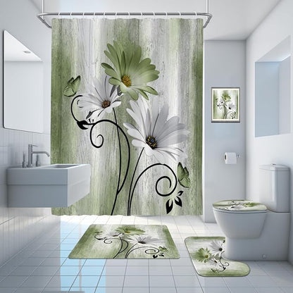 Onalasyc 4PCS Grass Green Daisy Bathroom Sets with Shower Curtain and Rugs | Country Floral Butterfly Shower Curtain Set,Modern Bathroom Decor Shower Curtains Set with Rugs Toilet Lid Cover and 12 Hooks