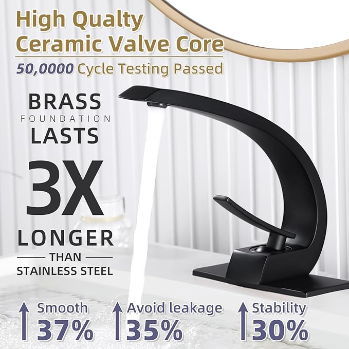 Matte Black Bathroom Sink Vanity Elegance Swan Faucet for 1 Hole with 6-Inch 3 Hole Deckplate,Rikaziya Bathroom Fixtures Basin Mixer Faucets Centerset with 9/16" Supply Hose and to 1/2" Adapter Combo